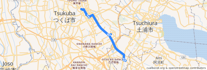 Mapa del recorrido 関東鉄道バス22系統 荒川沖駅西口⇒学園並木・つくばセンター⇒筑波大学病院 de la línea  en 茨城県.
