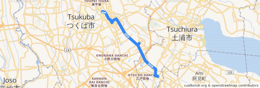 Mapa del recorrido 関東鉄道バス22系統 筑波大学病院⇒つくばセンター・学園並木⇒荒川沖駅西口 de la línea  en 茨城県.
