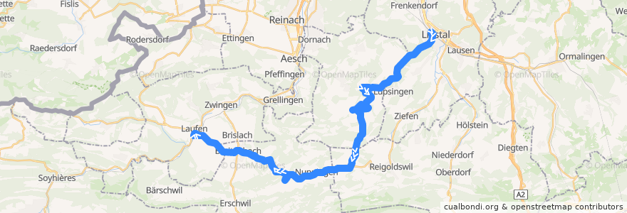 Mapa del recorrido Bus 111: Liestal, Bahnhof => Laufen, Bahnhof de la línea  en Switzerland.