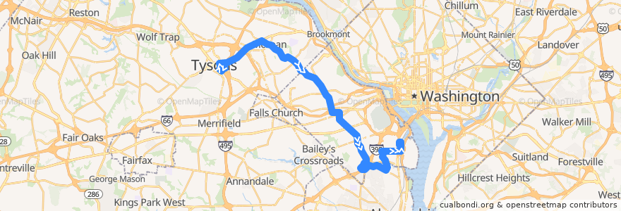 Mapa del recorrido WMATA 23A East McLean-Crystal City Line de la línea  en 弗吉尼亚州 / 維吉尼亞州 / 維珍尼亞州.