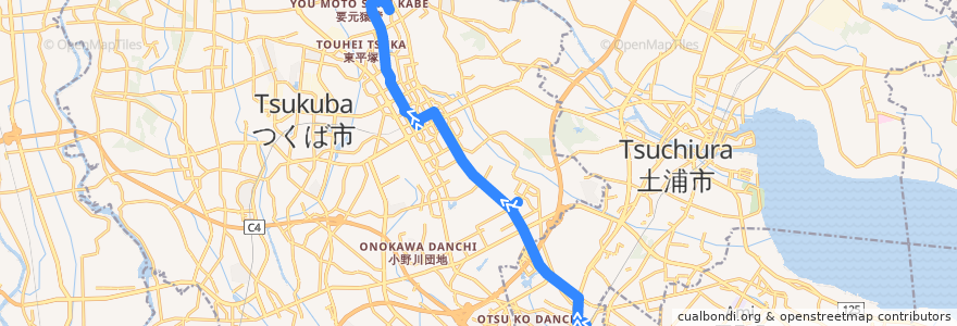 Mapa del recorrido 関東鉄道バス20系統 荒川沖駅西口⇒学園並木・つくばセンター⇒筑波大学中央 de la línea  en 茨城県.