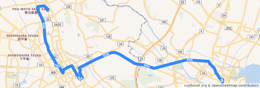 Mapa del recorrido 関東鉄道バス10B系統 土浦駅⇒土浦二高・つくばセンター⇒筑波大学中央 de la línea  en Ибараки.