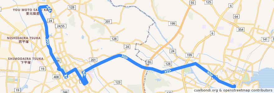 Mapa del recorrido 関東鉄道バス10系統 筑波大学中央⇒つくばセンター⇒土浦駅 de la línea  en 茨城県.