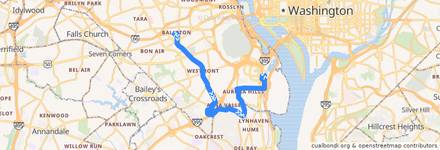 Mapa del recorrido WMATA 23B East McLean-Crystal City Line de la línea  en فيرجينيا.