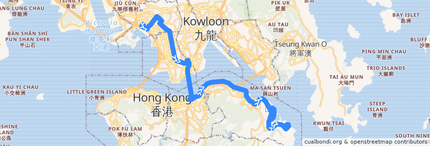Mapa del recorrido 過海隧巴118P線 Cross-harbour Bus 118P (長沙灣（深旺道） Cheung Sha Wan (Sham Mong Road) → 小西灣（藍灣半島） Siu Sai Wan (Island Resort)) de la línea  en Hong Kong.