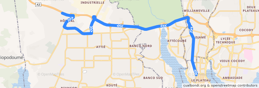Mapa del recorrido bus 34 : Cité Administrative → Yopougon Gesco de la línea  en 아비장.