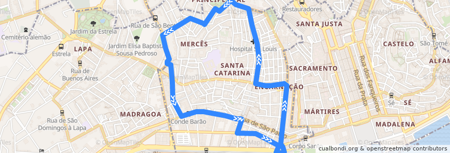 Mapa del recorrido Bus 22B: Cais do Sodré (Centro de Saúde) → Cais do Sodré (Centro de Saúde) de la línea  en Lisboa.