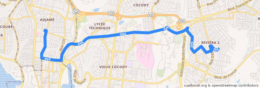 Mapa del recorrido gbaka : Cocody Anono → Adjamé gare en haut de la línea  en Abiyán.