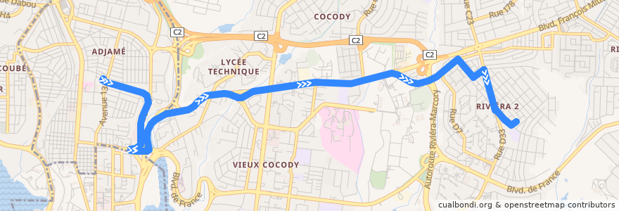 Mapa del recorrido gbaka : Adjamé gare en haut → Cocody Anono de la línea  en アビジャン.