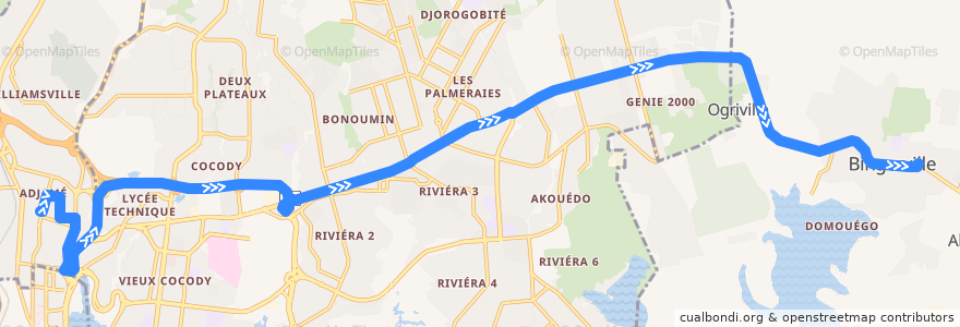 Mapa del recorrido gbaka : Adjamé gare en haut → Bingerville de la línea  en 아비장.