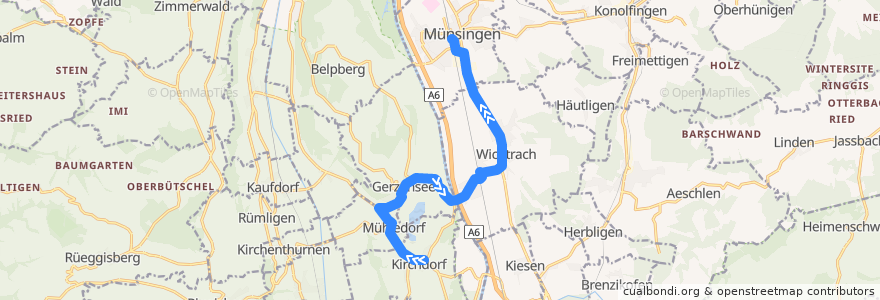 Mapa del recorrido Bus 165: Kirchdorf, Post => Münsingen Bahnhof de la línea  en Arrondissement administratif de Berne-Mittelland.