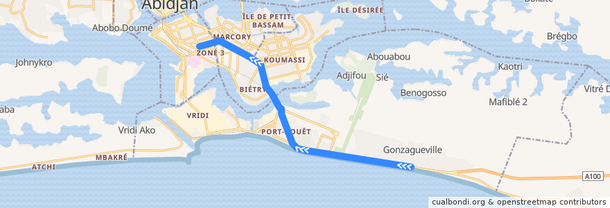 Mapa del recorrido gbaka : Port-Bouët Gonzagueville → Treichville Gare de Bassam de la línea  en Abidjan.