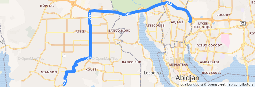 Mapa del recorrido gbaka : Yopougon Niangon Terminus 27 → Adjamé Liberté de la línea  en 阿比让 / 阿必尚.