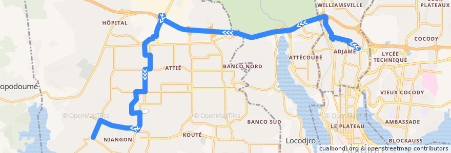 Mapa del recorrido gbaka : Adjamé Liberté → Yopougon Carrefour Académie de la línea  en Abidjan.