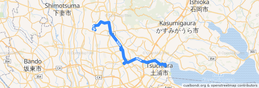 Mapa del recorrido 関東鉄道バス18系統 つくばテクノパーク大穂⇒つくばセンター⇒土浦駅東口 de la línea  en 茨城県.