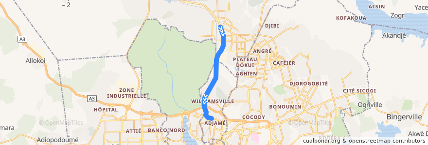 Mapa del recorrido gbaka : Abobo Gare Mairie → Adjamé Renault de la línea  en 阿比让 / 阿必尚.