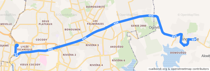 Mapa del recorrido gbaka : Bingerville → Adjamé Liberté de la línea  en Abidjan.