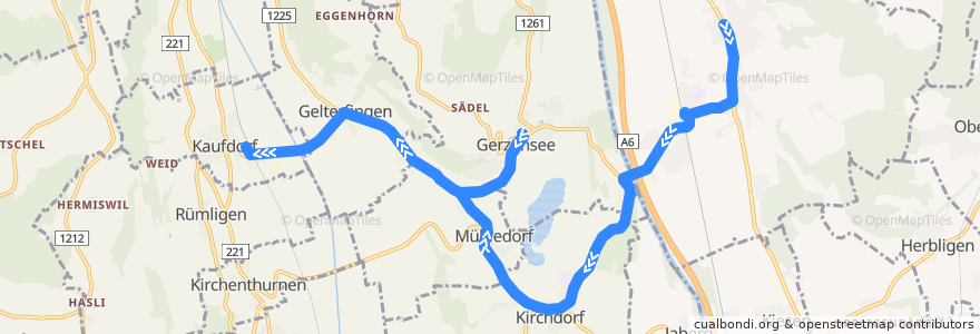 Mapa del recorrido Bus 166: Wichtrach, Dorfplatz => Kaufdorf, Bahnhof de la línea  en Arrondissement administratif de Berne-Mittelland.