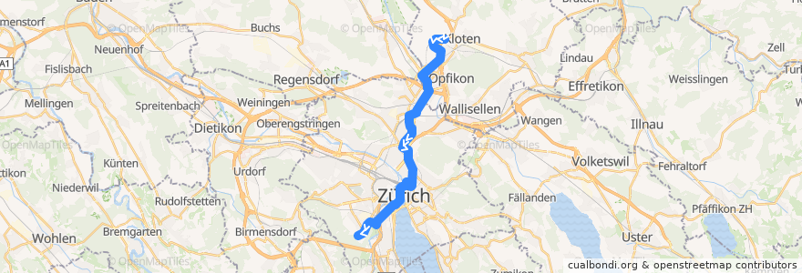 Mapa del recorrido Tram 10: Zürich Flughafen, Fracht → Zürich, Albisgütli de la línea  en Zürih.