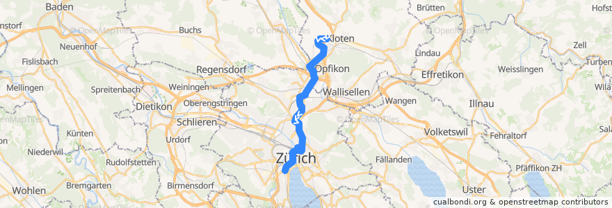 Mapa del recorrido Tram 10: Zürich Flughafen, Fracht → Zürich, Bahnhof Enge de la línea  en Zurich.