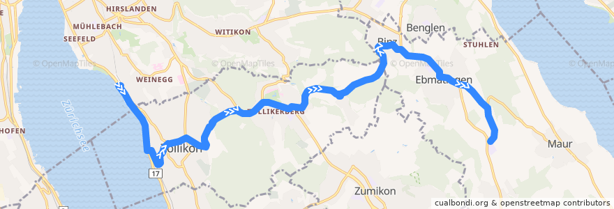 Mapa del recorrido Bus 910: Zürich, Bahnhof Tiefenbrunnen → Ebmatingen, Looren de la línea  en Zürich.