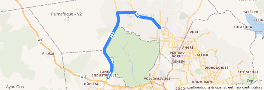 Mapa del recorrido gbaka : Yopougon Carrefour Zone → Abobo Gendarmerie de la línea  en أبيدجان.