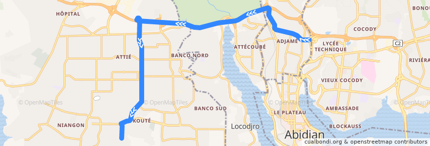 Mapa del recorrido gbaka : Adjamé Liberté → Yopougon Sideci IGES de la línea  en Абиджан.