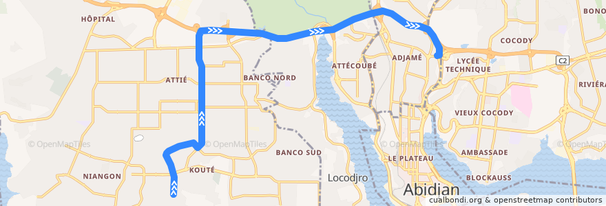 Mapa del recorrido gbaka : Yopougon Sideci IGES → Adjamé Liberté de la línea  en Абиджан.