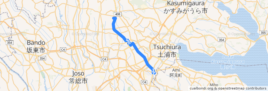 Mapa del recorrido 関東鉄道バス26系統 荒川沖駅西口⇒つくばセンター⇒建築研究所 de la línea  en つくば市.