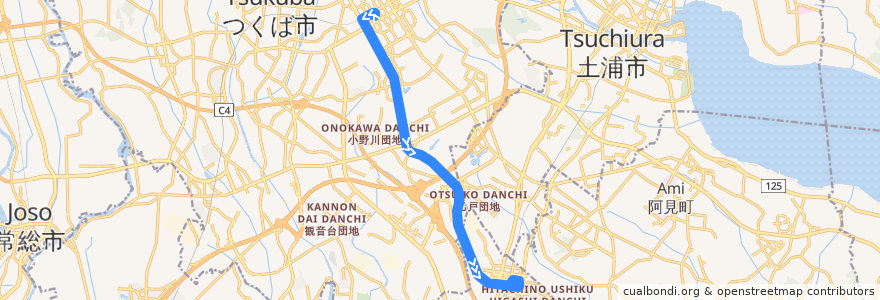 Mapa del recorrido 関東鉄道バス・JRバス つくばセンター⇒二の宮中央⇒ひたち野うしく駅 de la línea  en 茨城県.