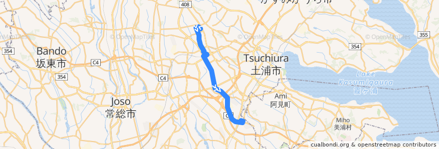 Mapa del recorrido 関東鉄道バス30系統 筑波大学中央⇒つくばセンター⇒ひたち野うしく駅 de la línea  en 茨城県.
