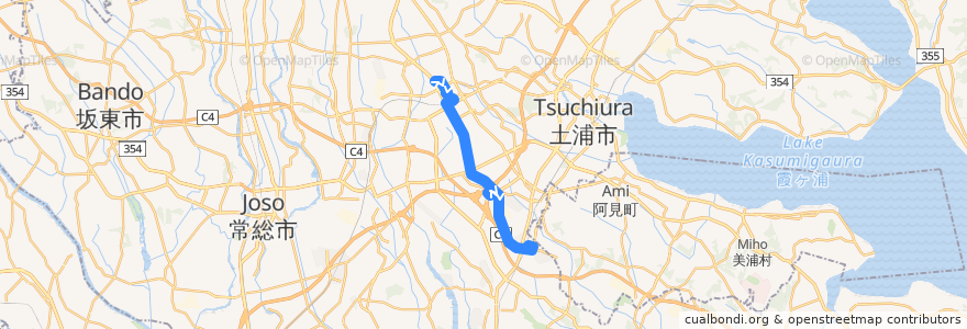 Mapa del recorrido 関東鉄道バス32A系統 筑波大学病院⇒つくばセンター・イオンモールつくば⇒ひたち野うしく駅 de la línea  en 茨城県.
