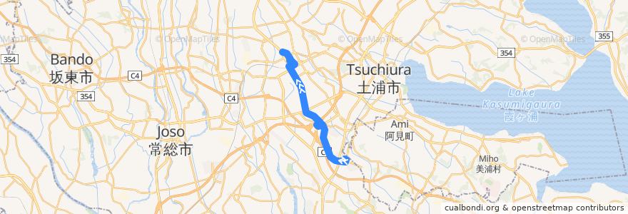 Mapa del recorrido 関東鉄道バス32A系統 ひたち野うしく駅⇒イオンモールつくば・つくばセンター⇒筑波大学病院 de la línea  en 茨城県.