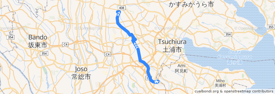 Mapa del recorrido 関東鉄道バス36系統 ひたち野うしく駅⇒(直行)⇒つくばセンター⇒建築研究所 de la línea  en Ибараки.