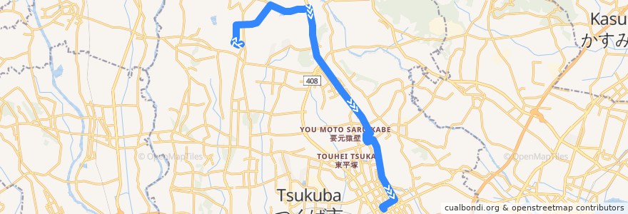 Mapa del recorrido 関東鉄道バスC8系統 つくばテクノパーク大穂⇒高エネルギー⇒つくばセンター de la línea  en つくば市.