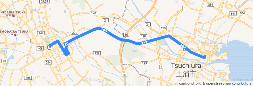 Mapa del recorrido 関東鉄道バス11系統 つくばセンター⇒学園竹園⇒土浦駅 de la línea  en 茨城県.