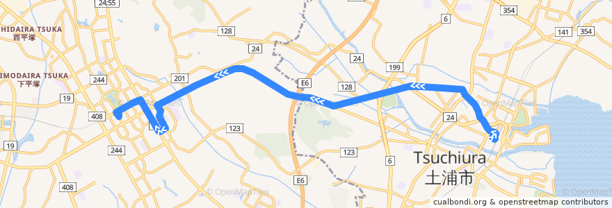 Mapa del recorrido 関東鉄道バス11B系統 土浦駅⇒土浦二高・学園竹園⇒つくばセンター de la línea  en 茨城県.