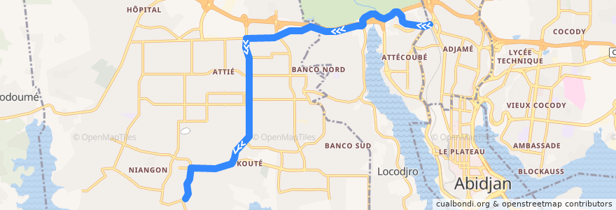 Mapa del recorrido gbaka : Adjamé mosquée → Yopougon Niangon Terminus 27 de la línea  en アビジャン.