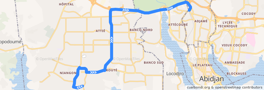 Mapa del recorrido gbaka : Yopougon Niangon Terminus 27 → Adjamé mosquée de la línea  en Abiyán.