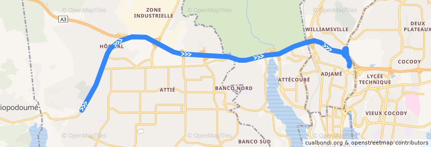 Mapa del recorrido gbaka : Yopougon marché Bagnon → Gare Kobenan Agban de la línea  en Abidjan.