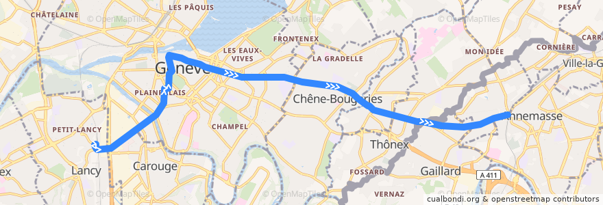 Mapa del recorrido Tram 17: Lancy-Pont-Rouge-Gare → Annemasse-Parc Montessuit de la línea  en Genebra.