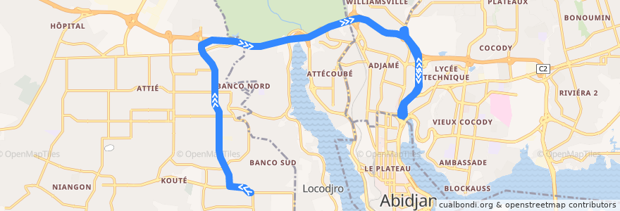 Mapa del recorrido gbaka : Yopougon koweit → Gare Kobenan Agban de la línea  en Абиджан.