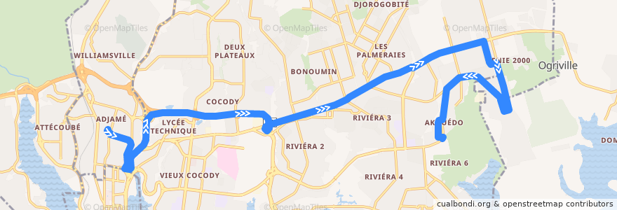 Mapa del recorrido gbaka : Adjamé gare en haut → Akouedo Attié de la línea  en 아비장.