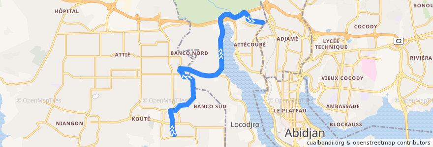 Mapa del recorrido gbaka : Yopougon Camp Militaire → Adjamé Agban de la línea  en Abiyán.
