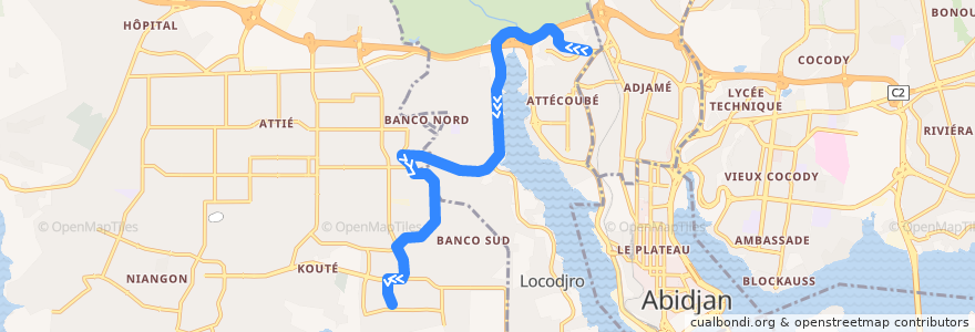 Mapa del recorrido gbaka : Adjamé Agban → Yopougon Camp Militaire de la línea  en アビジャン.