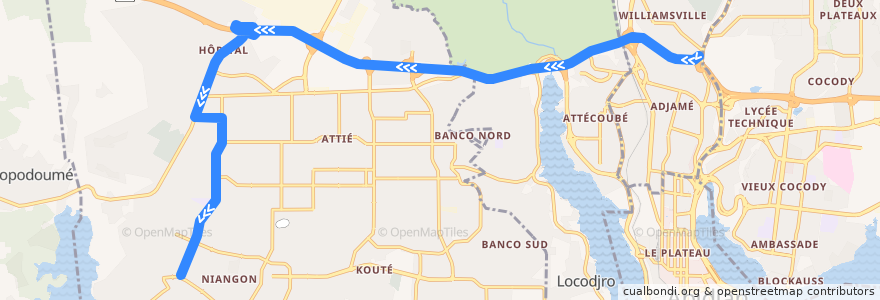 Mapa del recorrido gbaka : Gare Kobenan Agban → Yopougon Carrefour Académie de la línea  en 阿比让 / 阿必尚.