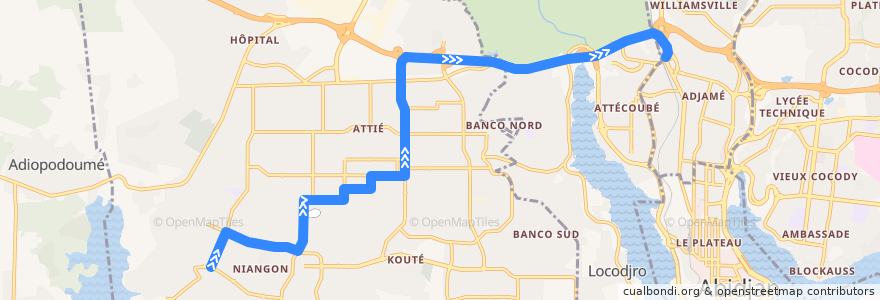 Mapa del recorrido gbaka : Yopougon Carrefour Académie → Adjamé mosquée de la línea  en Abidjan.