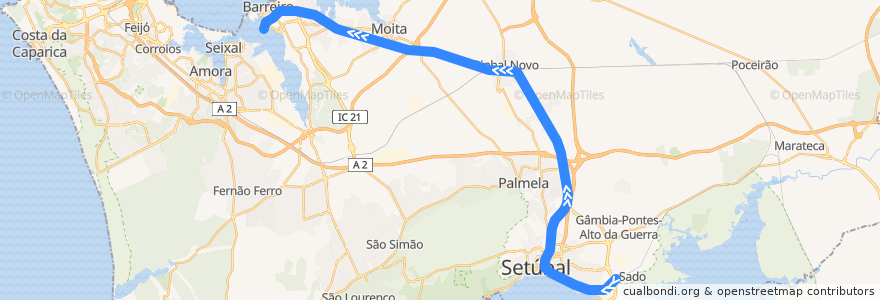 Mapa del recorrido Linha do Sado: Praias do Sado A → Barreiro de la línea  en شطوبر.