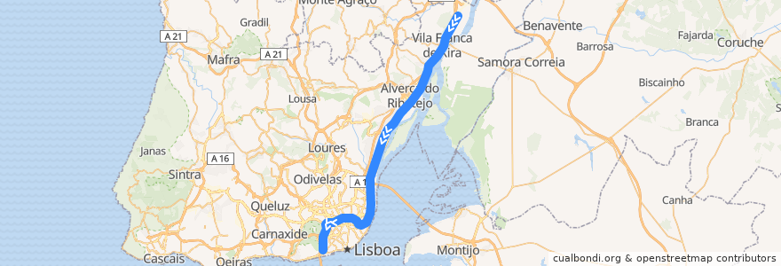 Mapa del recorrido Linha da Azambuja: Castanheira do Ribatejo → Alcântara-Terra de la línea  en Lisboa.
