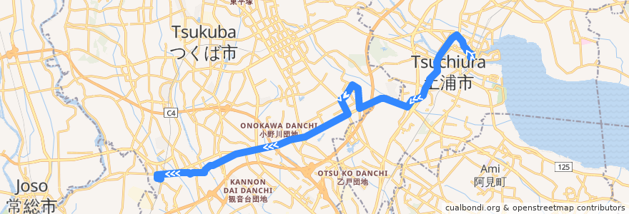 Mapa del recorrido 関東鉄道バス 土浦駅⇒谷田部⇒みどりの駅 de la línea  en 이바라키현.